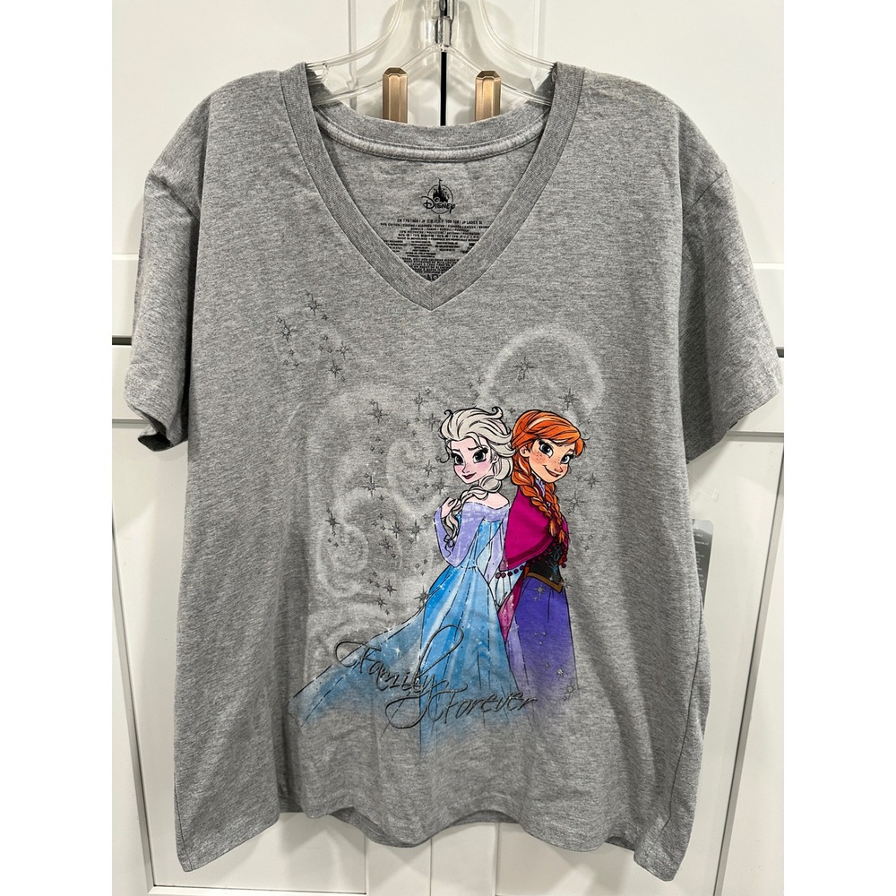 Disney Frozen Elsa & Anna Graphic T-Shirt Womens Gray V-Neck Family Forever L